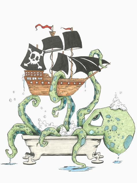 Kawaii Drawing, Octopus Art, Splish Splash, Graphic Apparel, Art And Illustration, Pirate Ship, Fantasy Illustration, Kraken, الرسومات اللطيفة