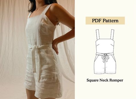 Keira Square Neck Romper // Digital PDF Sewing Pattern // US - Etsy Australia Romper Sewing Pattern, Diy Sy, Pants Sewing, Modern Sewing Patterns, Sewing Projects Clothes, Romper Pattern, Kleidung Diy, Couture Mode, Jumpsuit Pattern