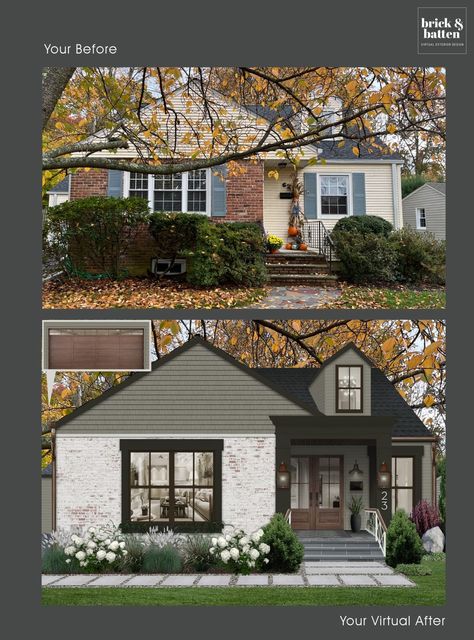 9 Small House Exteriors We Love - brick&batten 70s House Exterior, Hardie Shingle Siding, House Exterior Before And After, Split Level House Exterior, Brick House Exterior Makeover, Contemporary Bungalow, Small House Exteriors, Small House Exterior, Smaller Homes