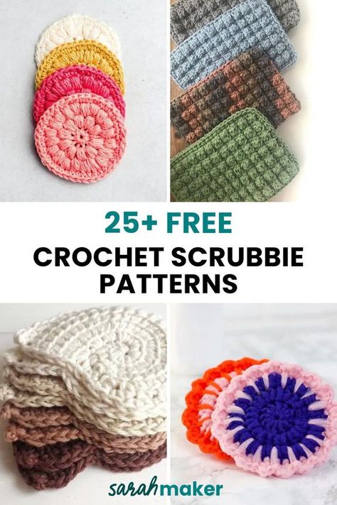 Crochet scrubbies are so fun and quick to make, AND they pack a punch when it comes to creating a more eco-friendly kitchen or bathroom. Check out this list of free crochet scrubbie patterns, and find your next crochet project. Knit Scrubbies Free Pattern, Crochet Face Scrubby, Scrubby Yarn Patterns, Scrubby Crochet Pattern, Crochet One Skein Projects, Scrubby Yarn Crochet Patterns, Crochet One Skein, Scrubby Yarn Crochet, One Skein Projects