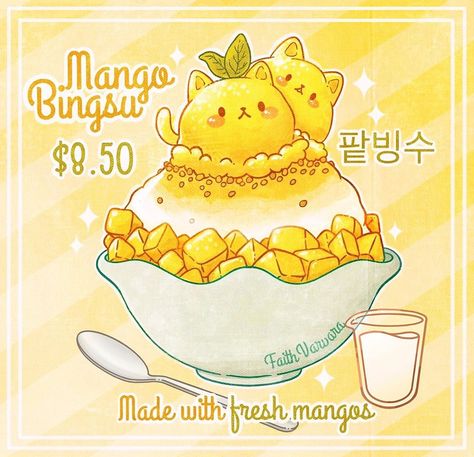 Faith Varvara on Instagram: “Mango Bingsu! Sorry for not posting much lately. I have had ALOT of secret projects going on for the past lil while! Can’t wait to share…” Mango Bingsu, Faith Varvara, Yellow Food, Chibi Food, 귀여운 음식 그림, Food Drawings, Food Artwork, Food Sketch, Food Illustration Art