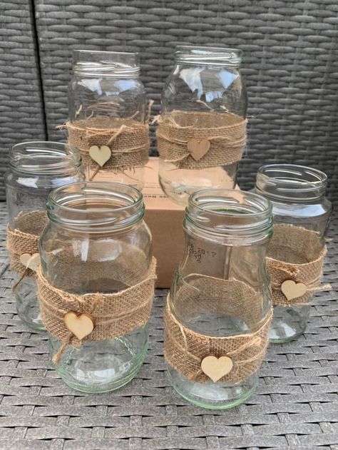 Hessian Decor Ideas, Floating Candles Mason Jars, Hessian Crafts, Decoration Communion, 50th Wedding Anniversary Decorations, Coastal Curtains, Crafts With Glass Jars, Pillows Ideas, Rugs Ideas