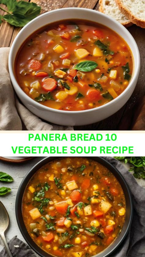 Recreate Panera Bread’s 10 vegetable soup recipe at home! Packed with fresh veggies, it’s a hearty, healthy meal perfect for any day. Panera Ten Vegetable Soup Recipe, 10 Vegetable Soup Panera Recipe, Panera 10 Vegetable Soup Recipe, Panera Vegetable Soup, Panera Vegetable Soup Recipe, Panera 10 Vegetable Soup, 10 Vegetable Soup, Best Vegetable Soup Recipe, Panera Recipes