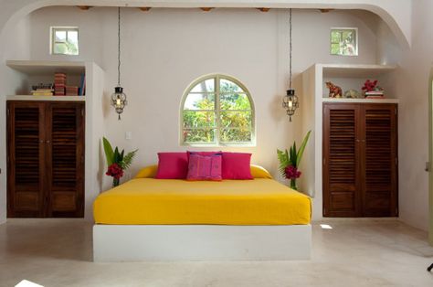 yellow bed exotic_my blue flamingo Mexico Decorations, Downtown House, Concrete Bed, Mexican Bedroom, Yellow Bed, Luxury Tree Houses, Blue Flamingo, Mexican Home, Home Room Design