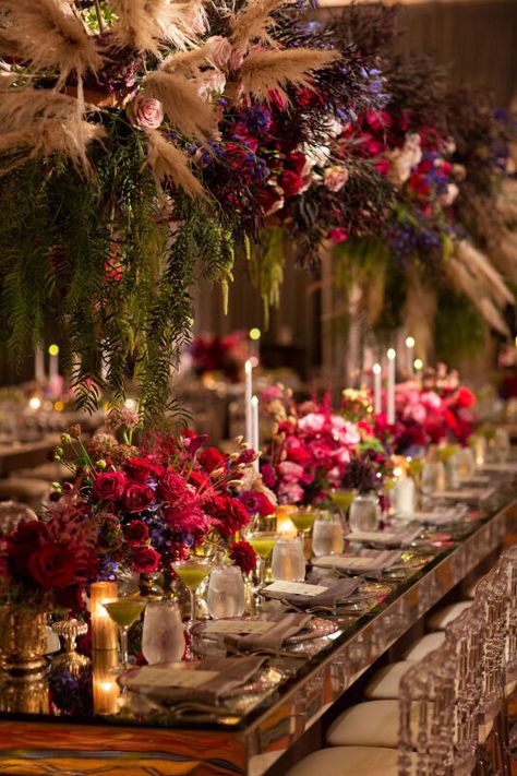 Los Angeles Area Weddings | The Langham Huntington, Pasadena | Lillian & Isaac Magical Wedding Theme, Moody Romantic Wedding Decor, Red Floral Arrangements, Colorful Wedding Decorations, Vintage Romantic Wedding, Moody Romantic Wedding, Moody Wedding Decor, Romantic Vintage Wedding, Pasadena Wedding