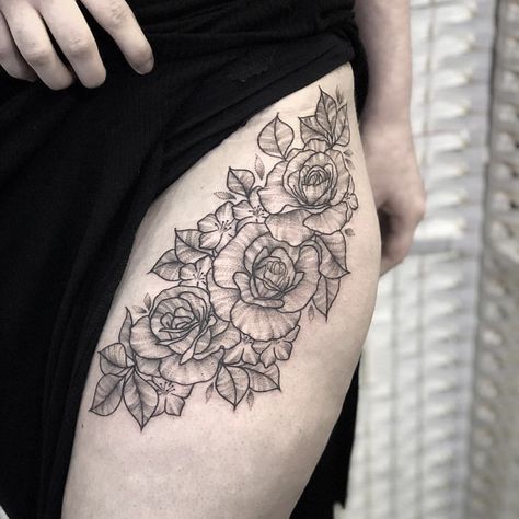 Rose thigh tattoo covering old scars Thigh Tattoos Women Cover Scars, Thigh Tattoos To Cover Scars, Thigh Tattoos Women Scar Coverup, Thigh Scar Cover Up Tattoo, Rose Thigh Tattoo, Covering Tattoos, Tattoo Covering, Side Thigh Tattoos, Tattoo Over Scar