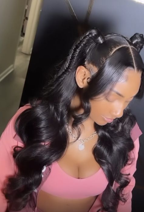 360 Curly Wig Styles, Two Pigtails Half Up Half Down Wig, Half Up Half Down Fishtail Braid Wig, Long Braided Pigtails For Black Women, Lace Front Pigtails, Half Wig Hairstyles Black Women, Fish Tail Braid On Wig Middle Part, Long Relaxed Hair, Barbie Hairstyle