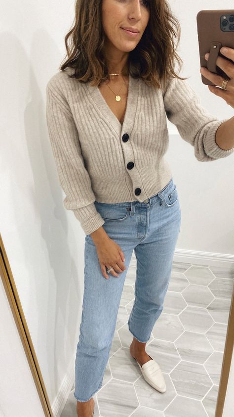 Small haul try-on Fall outfit ideas Autumn Causal Outfit, Autumn Outfit Ideas 2022, Pale Blue Cardigan Outfit, Knit Work Outfit, Fall Wear To Work Outfits 2024, Fall 2024 Cardigan, Fall Fashion Basics, Fall Millenial Outfits, Autumn Outfits Cardigan