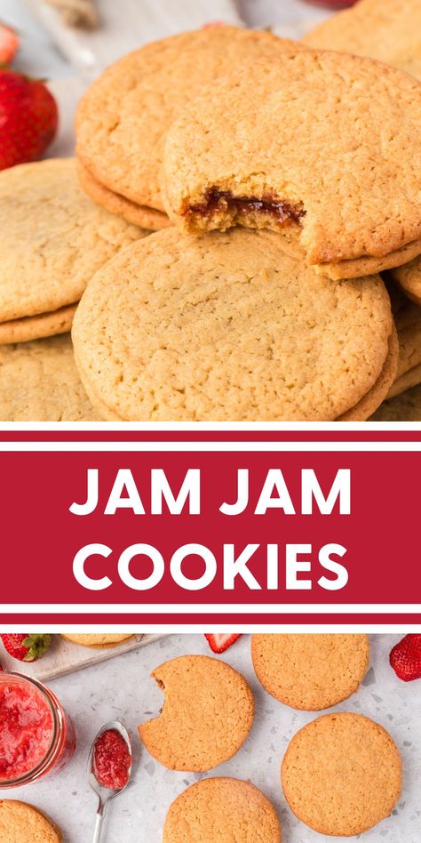 Discover our jam jam cookies recipe, blending soft cookie dough with sweet, tangy preserves. Jam Jam Cookies Recipes, Jam Jams Cookies Recipes, Vintage Jam Recipes, Cookies With Strawberry Jam, Desserts With Jam, Jam Jam Cookies, Jam Cookies Recipe, Dinner September, Jam Appetizer