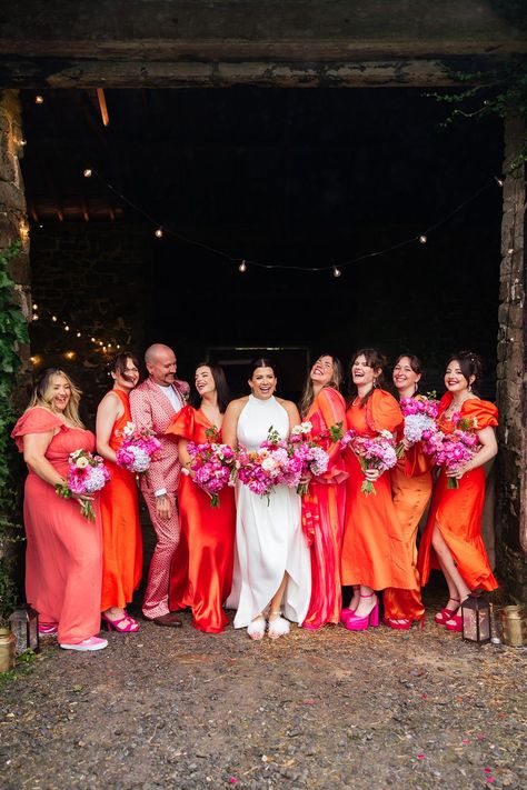 Bright vibrant orange bridesmaid dresses and suit for the bridal party wearing hot pink shoes Blue Bridesmaid Dresses Short, Indian Bridesmaid Dresses, Orange Bridesmaid, Orange Bridesmaid Dresses, Frozen Margaritas, Bohemian Festival, Pink Bridesmaid Dresses, Rock My Wedding, Wedding Styling