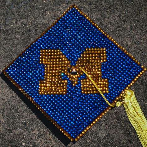 My DIY @uofmichigan graduation cap (complete with lots and lots of rhinestones)! #myUMcap Michigan Grad Cap, Umich Grad Cap, Cornell Graduation Cap, Gem Graduation Cap, Lego Graduation Cap, Sparkly Graduation Cap, Decorate Graduation Cap, Bedazzled Graduation Cap, Rhinestone Graduation Cap