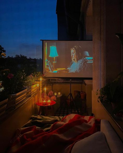 Tiny Cinema Room, Projector On Balcony, Balcony Projector, Projector Screen Ideas, Cozy Aesthetics, Windows View, Balcony Apartment, Amsterdam Apartment, Vision Book