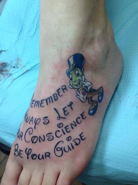 Disney tattoo/////Jiminy Cricket tattoo/// Jimney Cricket Tattoo, Jimmy Cricket Tattoo, Jiminy Cricket Tattoo, Jiminy Cricket Quotes, Cricket Tattoo, Inspiring Tattoos, Cricket Quotes, Jiminy Cricket, Disney Tattoo