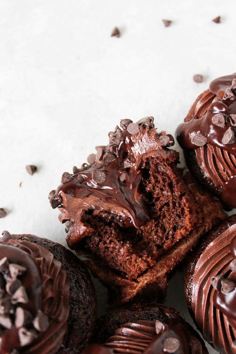 Triple Chocolate Cupcakes (Ganache Filled) - Sweets by Elise Fudge Buttercream Frosting, Rocky Road Cookies, Nutella Cupcakes, Triple Chocolate Cookies, Moist Cupcakes, Chocolate Cupcakes Moist, Ganache Filling, Chocolate Fudge Frosting, Dark Chocolate Fudge