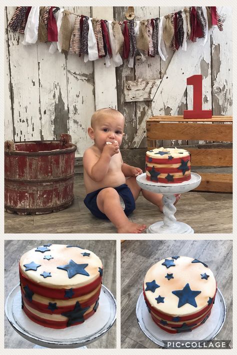 Americana cake, 4th of July Smash cake, American Flag 1st birthday cake, vintage American flag cake American Themed First Birthday, America First Birthday Party, 4th Of July First Birthday Boy, Patriotic Birthday Cake, 4th Of July First Birthday, 4th Of July 1st Birthday Party Boy, July Baby Birthday, American Flag Cake, Boys First Birthday Cake