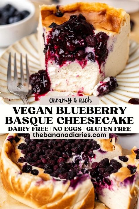 Burnt Basque Cheesecake Recipe, Basque Cheesecake Recipe, Burnt Basque Cheesecake, Banana Diaries, Dairy Free Cheesecake, Basque Cheesecake, Fresh Eats, Vegan Baking Recipes, Gluten Free Cheesecake