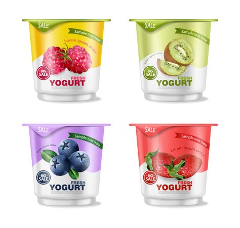 Fruits yogurt set Premium Vector | Free Vector #Freepik #freevector #background #food #summer #template Fruits Yogurt, Yoghurt Packaging, Subscription Box Design, Yogurt Brands, Yogurt Packaging, Fruit Yogurt, Ice Cup, Paint Buckets, Flower Icons