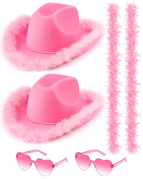 Pink Baddie Party Decor, Pink Cowboy Hat Bachelorette, Pink Fuzzy Cowgirl Hat, Feather Boa Cowboy Hat, Barbie Asthetics Party, Pink Cowgirl Aesthetic Birthday, Barbie Photo Booth Props, Pink Themed Party Aesthetic, Pink Party Accessories