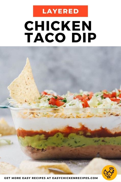 With layers of sour cream, cheese, guacamole, salsa, refried beans and ground chicken – this Layered Chicken Taco Dip recipe has all the goodies from a delicious taco but in dip form. Perfect for parties! Ground Chicken Dip, Chicken Taco Dip Recipe, Chicken Taco Dip, Bean Dip Recipes Refried, Best Taco Dip Recipe, Bbq Chicken Dip, Dip Party, Refried Bean Dip, Layered Taco Dip