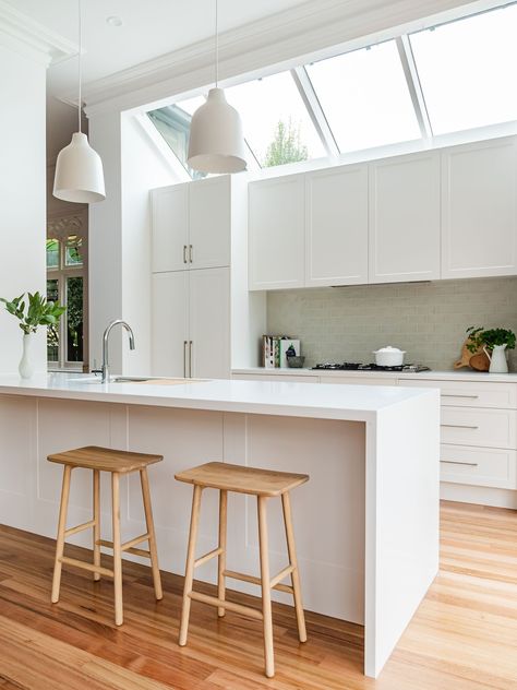 Classic Contemporary Kitchen renovation | Malvern Melbourne Classic Contemporary Kitchen, Modern White Kitchen Design, Backsplash For White Cabinets, Timeless Kitchen Design, Green Backsplash, Modern Backsplash, White Shaker Cabinets, Shaker Kitchen Cabinets, White Kitchen Island