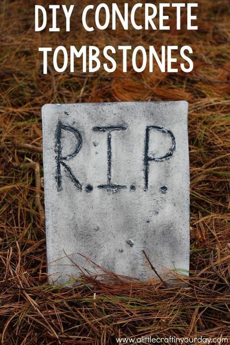 Halloween Home Decorating Idea for DIY Concrete Tombstones! Design these easy DIY Halloween Tombstones using concrete and a cake pan for a mold with this easy Halloween craft tutorial to decorate your home for the holiday! Concrete Candle Holders Diy, Printed Concrete, Rustic Cake Stands, Garden Spheres, Concrete Stepping Stones, Concrete Casting, Mother Daughter Projects, Concrete Candle Holders, Halloween Tombstones