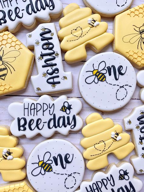 Bee First Birthday, Bee Birthday Theme, Bee Themed Birthday Party, Sweet As Can Bee, First Birthday Cookies, Bumble Bee Birthday, Bee Cookies, 1st Birthday Party For Girls, Bee Birthday Party