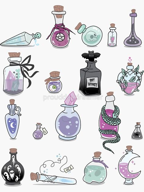 "Potion Bottles White" Sticker by prouddaydreamer | Redbubble Halloween Potion Bottles, Witch Potion, Witch Bottles, Bottle Tattoo, Bottle Drawing, Color Me Mine, Halloween Potions, Magic Bottles, Procreate Ipad Art