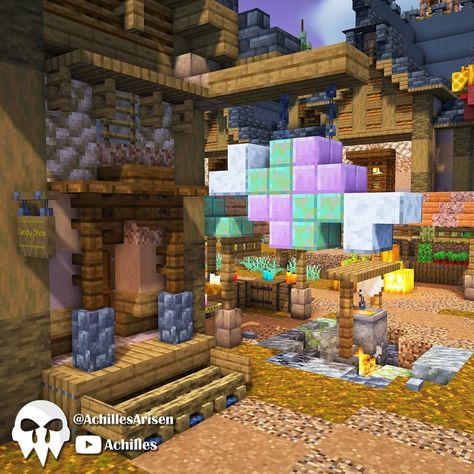 Trick or Treat Candy Shop 🍬 Part of my Halloween Adventure Map, up on my YouTube channel! Get this build on Patreon to go on your own… | Instagram Minecraft Candy Build, Minecraft Candy Shop, Minecraft Detailing, Candy Minecraft, Minecraft Build Hacks, Minecraft Concept, Minecraft Shops, Rumah Minecraft Sederhana, Trick Or Treat Candy