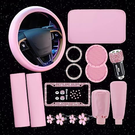 15 piece car accessories set color pink Pink Car Essentials, Car Decorations Interior Pink, Girl Truck Accessories, Car Decorations Interior Girly, Decorate Car Interior, Barbie Moodboard, Car Accessories For Girls Interior, Pink Car Interior, Pink Steering Wheel Cover