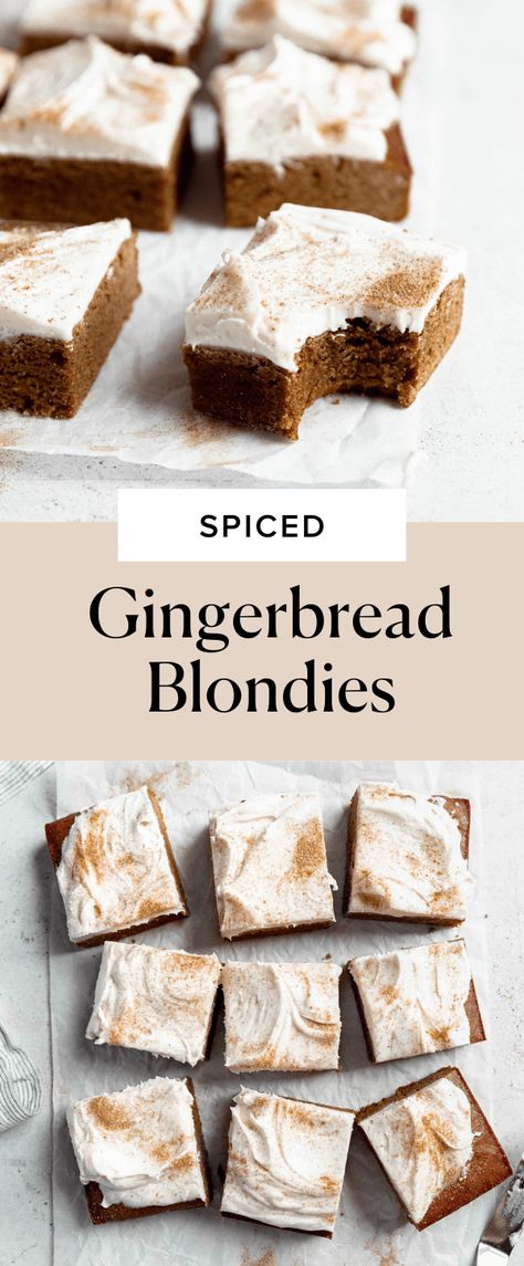 Easy Gingerbread Blondies Recipe | Broma Bakery Seasonal Baked Goods, Fall Blondies Recipe, Blonde Bars Recipe, Thanksgiving Baked Goods, Christmas Blondies, Gingerbread Blondies, Fall Baked Goods, Blondies Recipes, Cookbook Inspiration