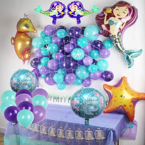 PRICES MAY VARY. INCLUDE:This mermaid birthday decorations contain 1pcs 37''×31''mermaid foil balloon,2pcs 16''mermaid foil balloon,1 fish net,2 tablecloth(purple&tiffany blue),65 latex balloons(10 pcs 10'',35pcs 5''latex balloon of each color),1 starfish foil balloon,2 mermaid round foil balloons,1 seahorse foil balloon,2 resin starfish,1 mermaid bunting banner,1 adhesive,1 balloon knotter. MANY OCCASIONS:Perfect for mermaid party,ocean themed party,beach party,under the sea party,summer party, Ocean Party Decorations, Little Mermaid Birthday Party, Mermaid Birthday Decorations, Mermaid Party Supplies, Ocean Theme Party, Ocean Party, Little Mermaid Birthday, Fish Net, Balloon Banner