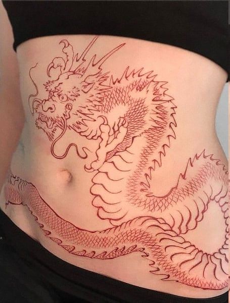 Chest And Stomach Tattoo Female, Coi Fish Stomach Tattoo, Stomach Stretch Mark Tattoo, Dragon Tattoo Waist, Japanese Style Stomach Tattoo, Dragon Tattoo On Stomach, Women’s Stomach Tattoo, Full Stomach Tattoo Woman, Dragon Belly Tattoo