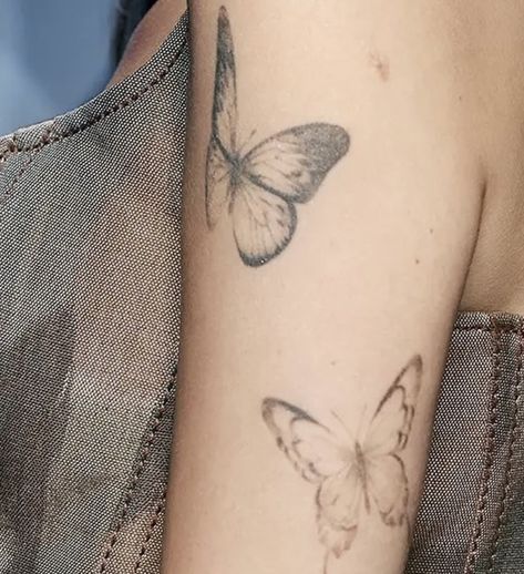 2 Butterfly Tattoo On Arm, Ariana Grande Arm Tattoo, Ariana Butterfly Tattoo, Ariana Grande Butterfly Tattoo, Butterfly Elbow Tattoos For Women, Angel Butterfly Tattoo, Small Cute Tattoo Ideas, Arm Butterfly Tattoo, Fineline Butterfly Tattoo