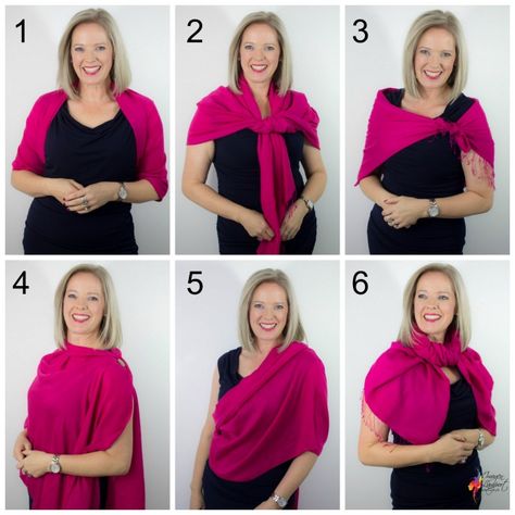 how to wear and tie a pashmina shawl for a more formal occasion Pashmina Shawl With Dress, How To Make A Cape From A Scarf, Shawl Tied Behind Back, Shawl On Dress, Wrap Scarf How To Wear A, Tying Shawls, Shawl Ideas For Dress, Wearing Shawls Ways To, How To Tie A Wrap