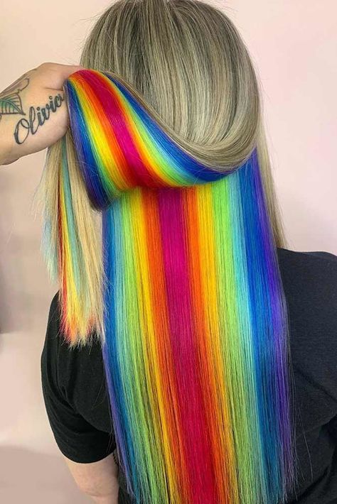 Rainbow Hair Color Underneath, Peekaboo Hair Color Rainbow, Rain Bow Hair, Cute Hair Colors For Fall, Rainbow Hair Styles, Long Rainbow Hair, Hidden Rainbow Hair Brown, Rainbow Undercut, Peekaboo Rainbow Hair