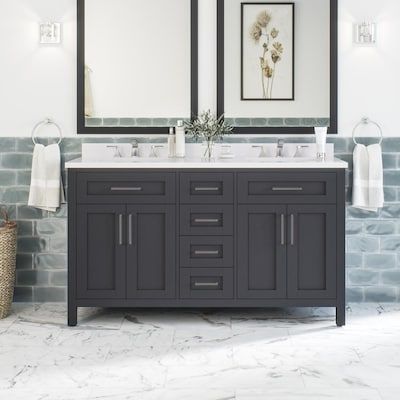 OVE Decors Tahoe 60-in Dark Charcoal Undermount Double Sink Bathroom Vanity with White Ceramic Top in the Bathroom Vanities with Tops department at Lowes.com Removable Backsplash, Charcoal Interior, Engineered Stone Countertops, Cultured Marble Vanity Top, Power Bar, Vanity Set With Mirror, Double Vanity Bathroom, Double Sink Bathroom, Double Sink Bathroom Vanity