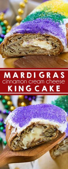 Mardi Gras King Cake - A New Orleans classic, this King Cake is the perfect way to start the carnival season and tastes just like a cinnamon roll. Fat Tuesday I King Cake I New Orleans I Cinnamon Roll I French Pastry I Louisiana I Mardi Gras I Holiday #MardiGras #KingCake #NewOrleans Mardi Gras King Cake Easy, King Bread Recipe, Fat Tuesday Desserts, New Orleans King Cake Recipe, Louisiana Desserts, Recipe For King Cake, Carnival Desserts, King Cake Recipe Easy, Mardi Gras Cake