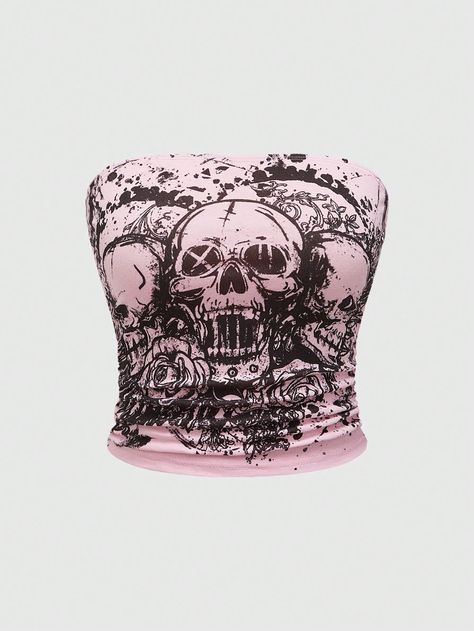 Women's Summer Fashion Pink Skull Printed Ruched Slim Fit Bandeau Top Baby Pink Casual  Sleeveless Fabric Floral,Halloween,Plants,All Over Print  Slight Stretch  Women Clothing, size features are:Bust: ,Length: ,Sleeve Length: Emo Tube Top, Goth Tube Top, Tube Tops Y2k, Horror Movie Clothes, Tops Rosas, Pink Grunge Outfits, Y2k Cami Top, Diy Goth Clothes, Pink Alternative Fashion