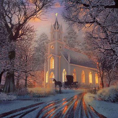 ArtStation - Dominic Davison Wallpapers Winter, Winter Christmas Scenes, Old Country Churches, Church Pictures, Christmas Church, Thanksgiving Wallpaper, Christmas Scenery, Old Churches, Country Church