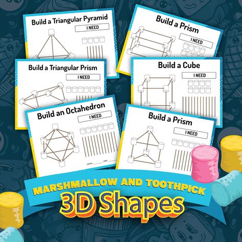 Download these free printable marshmallow and toothpick 3D shape worksheets as a fun educational activity that teaches kids geometry. Free 3d Shapes Printables, Marshmallow Toothpick, Marshmallow And Toothpick Challenge, Marshmallow Stem Challenge, 2d And 3d Shapes Activities 3rd Grade, Toothpick And Marshmallow Stem Challenge, 2 D And 3 D Shapes Anchor Chart, Geometric Shapes Names, Marshmallow Activities