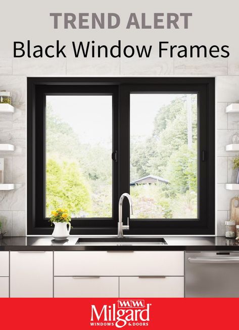 Striking black windows are the new trend for kitchens. The sleek black frame look complements the modern design for all types of kitchens. Featuring: Ultra™ Series fiberglass windows. View our other top picks for kitchen windows ideas on milgard.com/kitchenwindowideas #kitchenwindowideas #blackwindowframes #trendinghomedecor #kitchenwindows Black Framed Kitchen Windows, Milgard Ultra Black Windows, Black Interior Window Frames, Black Windows With Black Trim, Black Kitchen Window Over Sink, Milgard Trinsic Black Windows, Black Square Windows, Black Kitchen Windows, Black Window Kitchen