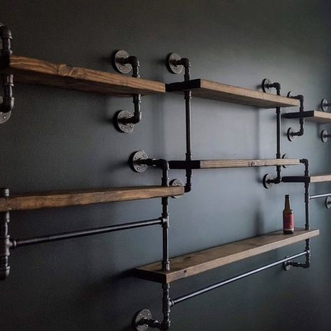 Boutique Shelving, Black Pipe Shelving, Black Pipe Shelf, Industrial Wall Shelves, Pipe Shelving, Industrial Floating Shelves, Rustic Wall Shelves, Wall Shelving Units, Office Shelving