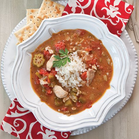 Catfish Gumbo : Paula Deen Magazine Catfish Gumbo Recipe, Catfish Gumbo, Gumbo Seafood, Okra And Tomatoes, Chicken Gumbo, New Orleans Recipes, Cajun Dishes, Gumbo Recipe, Corn Fritters