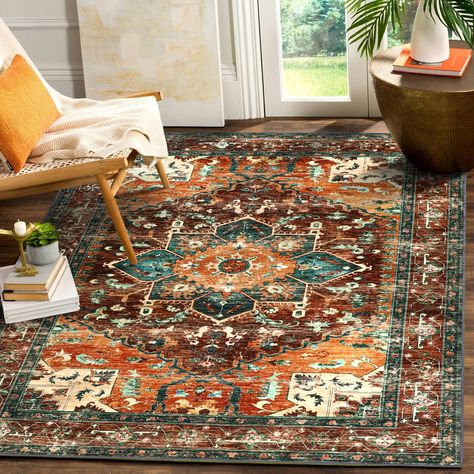 PRICES MAY VARY. 【Vintage Design & Soft Rug】Yamaziot boho runner rug is made of 100% polyester faux wool which is luxury soft underfoot and bare-feet friendly. This vintage runner has a unique beautiful printed floral pattern and a trendy faded style. It has elements of accent, bohemian and traditional to give an elegant look to your home. 【Non-Slip & Non-Shedding Rug】The large area rug has non-slip TPR rubber backing against slipping or tripping which is safe for everyday indoor busy area for k Living Room Rug With Brown Couch, Teal And Rust Living Room Decor, Cozy Earthy Bedroom Boho, Southwest Boho Bedroom, Boho Carpet Bohemian Rug, Boho Vintage Living Room, Simple Boho Living Room, Earthy Rug, Boho Western Living Room