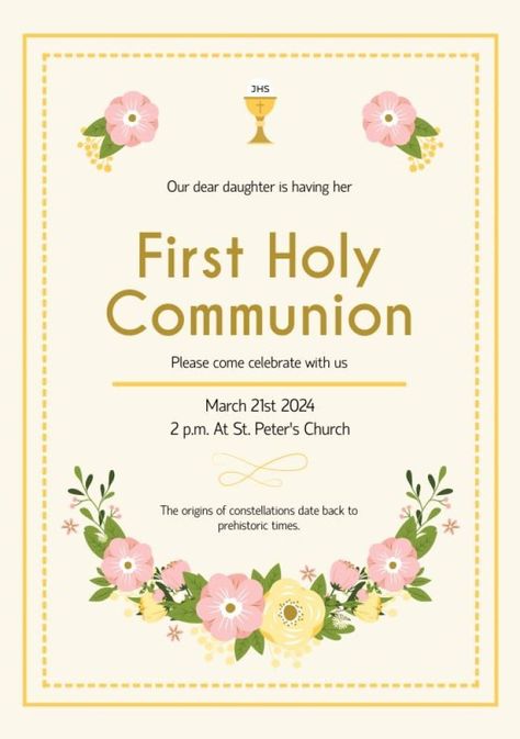 Floral Doodle First Holy Communion Invitation Creative Invitation Design, Holy Communion Invitations, Invitation Maker, Marriage Invitations, Floral Doodle, Creative Invitations, Communion Invitations, Photo Collage Maker, Sticker Maker