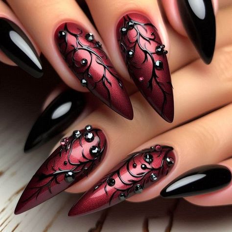 Halloween Red Nails Design, Gel Nails For Short Nails, Nail Art With Gel Polish, Thorn Vines, Rocker Nails, Red Wedding Nails, Red Black Nails, Red Stiletto Nails, Short Coffin Nails Designs