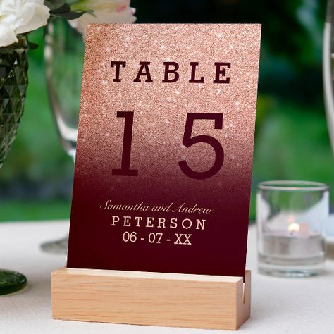 Rose gold glitter red burgundy ombre wedding table table number Burgundy Wedding Table, Red Burgundy Wedding, Gold Glitter Ombre, Elegant Theme, Ombre Wedding, Wedding Table Number Cards, Card Table Wedding, Simple Rose, Glitter Party