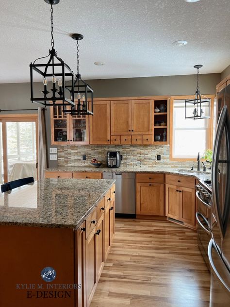 Kitchen Cabinets Grey Walls, Oak Kitchen Cabinets Wall Color, Kylie M Interiors, Greige Kitchen, Grey Kitchen Walls, Honey Oak Cabinets, Hickory Cabinets, Maple Kitchen Cabinets, Light Wood Cabinets