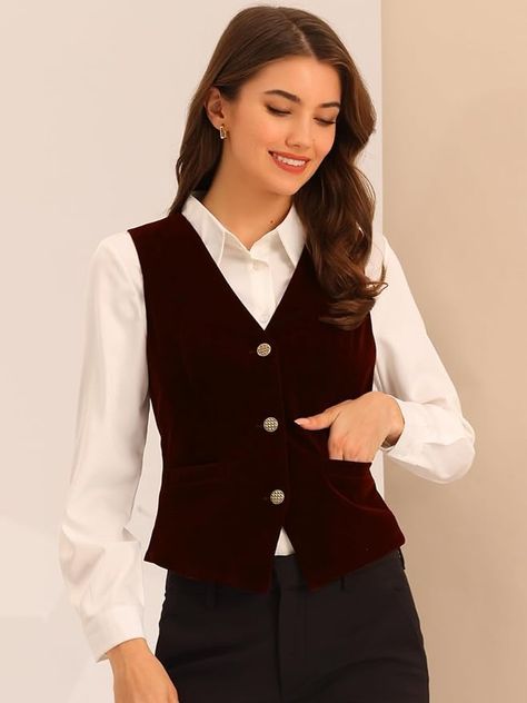 Allegra K Women's Waistcoat Steampunk Velvet Christmas Sleeveless Button Down V-Neck Suit Vests Small Brown at Amazon Women's Coats Shop Velvet Waistcoat, Womens Tailored Suit, Suits Office, Elegant Vest, Women's Waistcoat, Womens Waistcoat, Women's Vests, Waistcoat Woman, Velvet Christmas