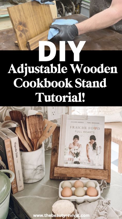 Recipe Card Stand Diy, Diy Wooden Cookbook Stand, Diy Wood Recipe Book Holder, Wooden Book Stand Diy, Diy Recipe Holder, Cook Book Stand Diy, Recipe Holders Diy Ideas, Recipe Book Holder Diy, Cookbook Holder Diy